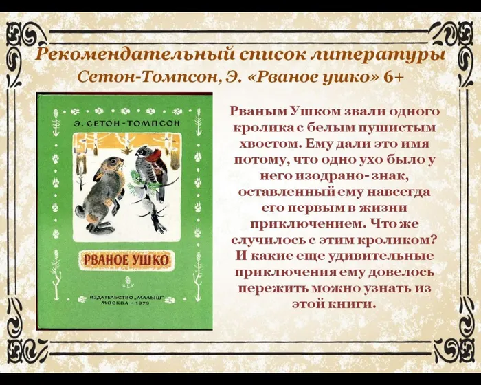 Рваным Ушком звали одного кролика с белым пушистым хвостом. Ему дали это имя потому, что одно ухо было у него изодрано- знак, оставленный ему навсегда его первым в жизни приключением. Что же случилось с этим кроликом? И какие еще удивительные приключения ему довелось пережить можно узнать из этой книги.